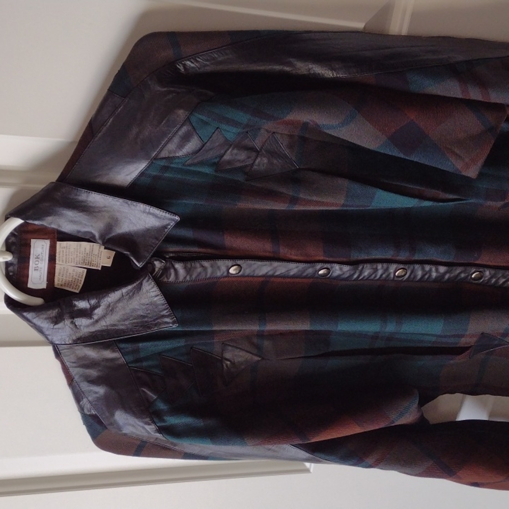 Couture wool and leather plaid blouse